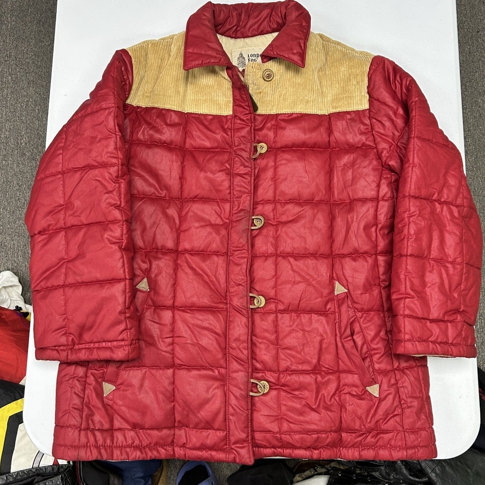 London Fog Quilted Puffer Jacket Womens 14 Red Corduroy Yoke Vintage Coat